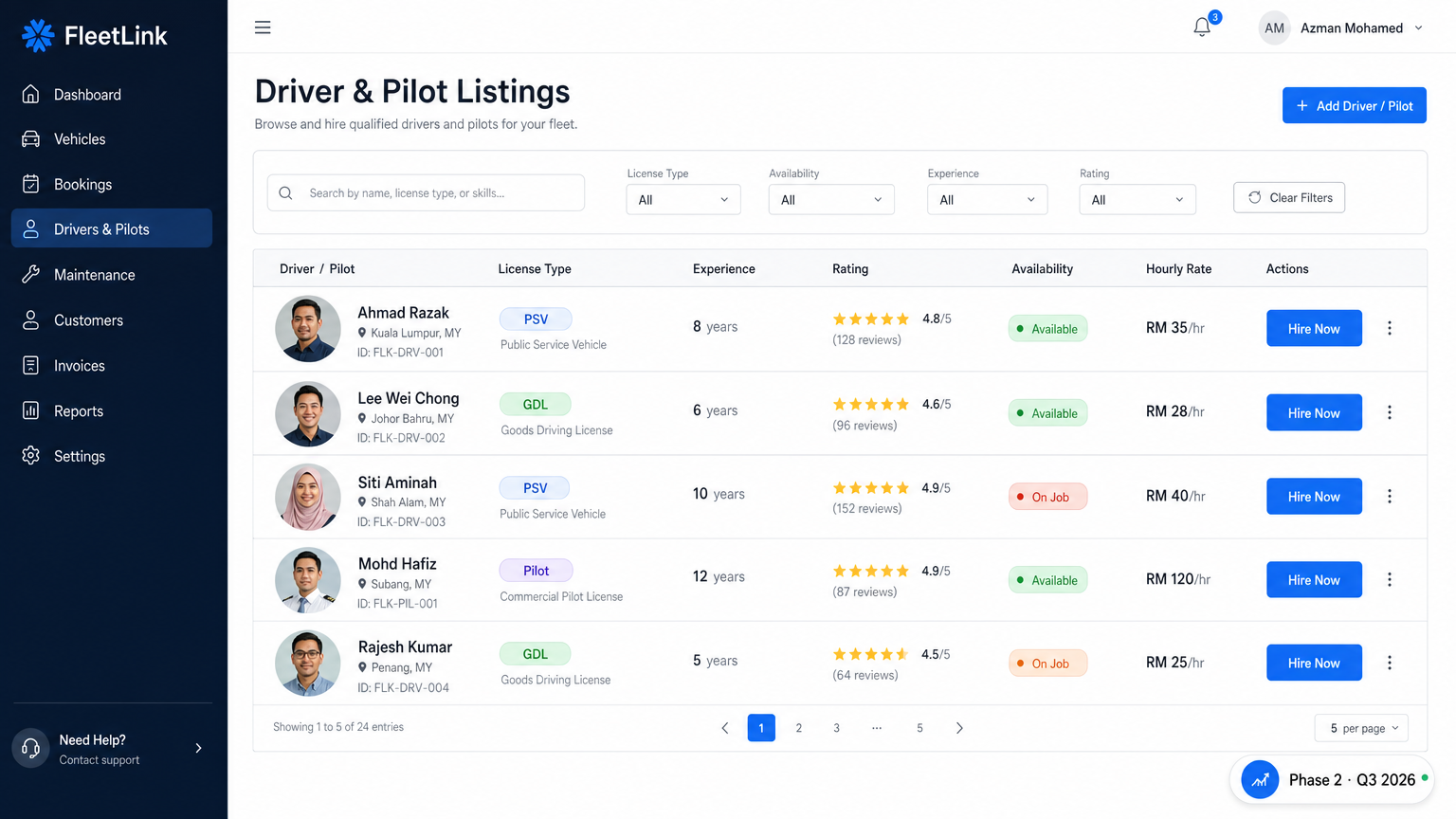 Driver & Pilot Listings